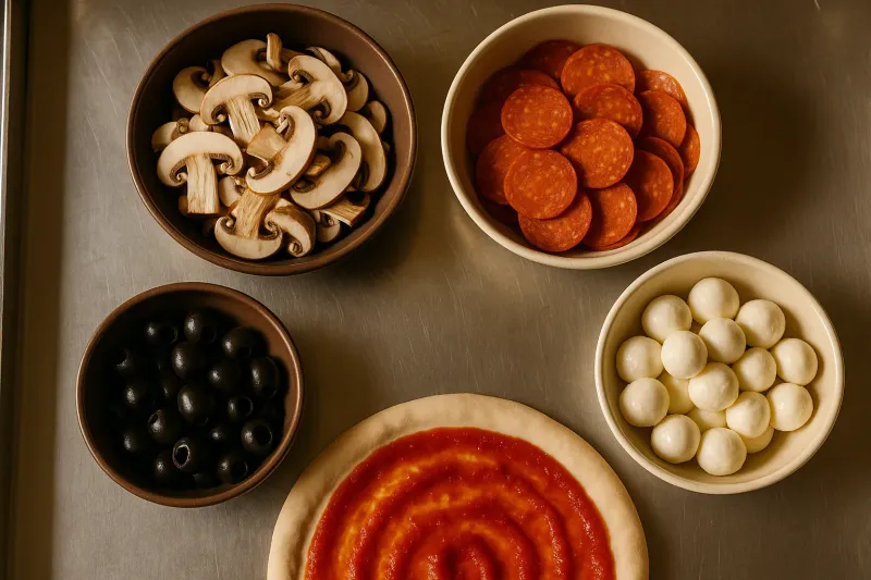 Top-down view of a modern pizzeria stainless steel prep station showing various ceramic bowls filled with fresh, brightly colored pizza toppings like sliced wild mushrooms, spicy pepperoni, black olives, and fresh mozzarella balls, ready for custom orders.