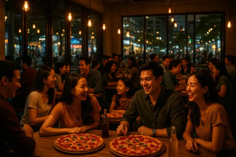 Vibrant, crowded modern pizzeria in Bonifacio Global City at night. Young professionals and families laughing together over large pizzas and craft sodas. Warm amber Edison bulb lighting reflecting off concrete walls and large floor-to-ceiling glass windows.