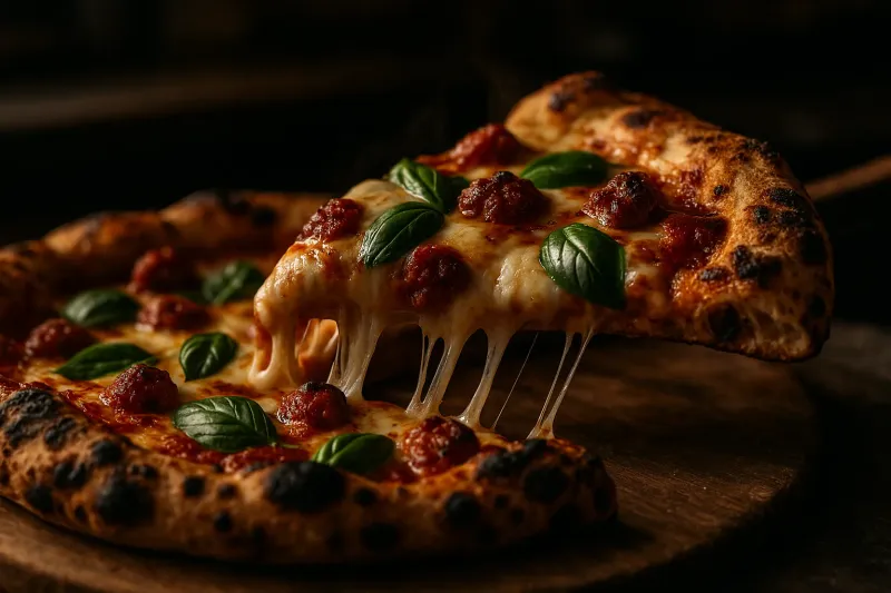 Macro shot of a heavily loaded gourmet pizza with blistered, charred artisanal crust, stringy mozzarella cheese pull, fresh basil leaves, and scattered local Manila chorizo, resting on a rustic wooden peel in a dramatically lit, moody pizzeria kitchen.