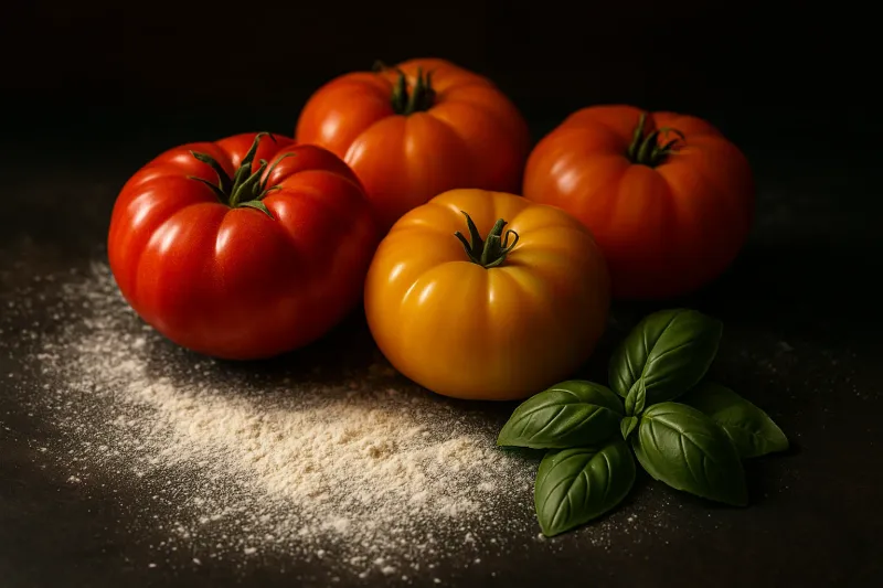 Close-up of fresh, brightly colored heirloom tomatoes, vibrant green basil leaves, and artisanal flour heavily dusted on a dark slate countertop under warm, moody spotlighting.