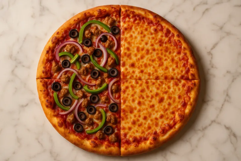 A pristine half-and-half large pizza, one side supreme with peppers, onions, sausage, olives; the other side classic cheese. Overhead shot on a marble counter.