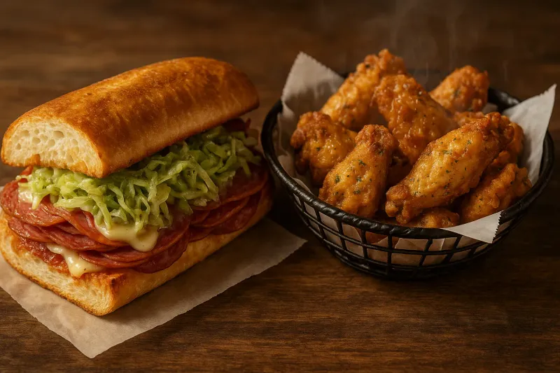 A loaded oven-toasted Italian submarine sandwich sliced in half on deli paper, overflowing with salami, melted provolone, crisp shredded lettuce, and vinaigrette. Next to it, a basket of golden garlic parmesan chicken wings steaming hot on a rustic wooden table.