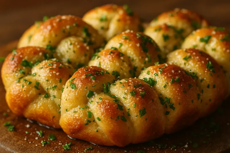 Pull-apart garlic bread knots glistening with melted garlic butter, sprinkled with parmesan cheese and fresh green parsley.