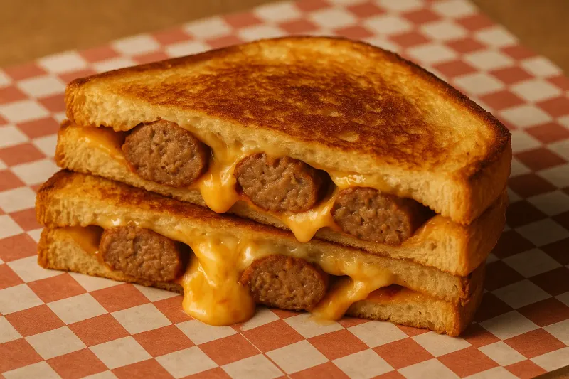 A warm, golden-brown toasted sandwich cut diagonally, oozing melty cheese and sliced meatballs. Placed on red and white checkered deli paper.
