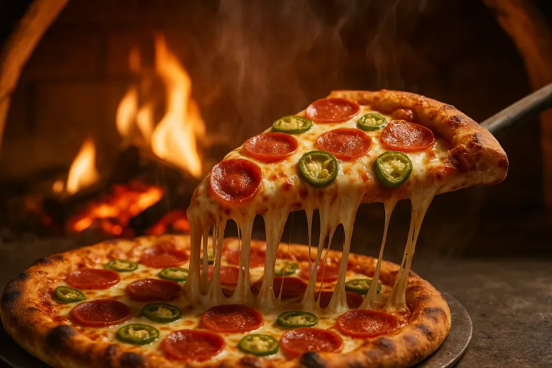 Close-up of a sizzling, freshly baked large pepperoni and jalapeño pizza being lifted from a wood-fired brick oven, gooey cheese stretching dramatically, hot embers glowing in the background, steam rising, high definition food photography.