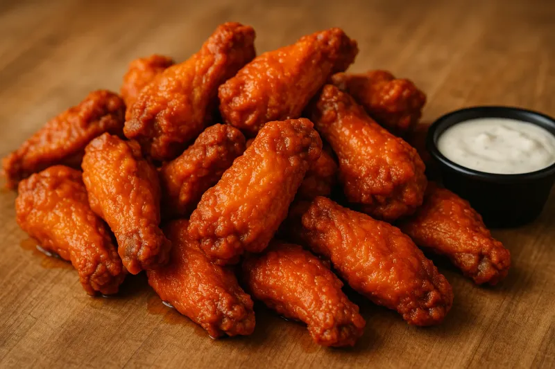 A pile of perfectly fried, crispy buffalo chicken wings coated in bright orange hot sauce, with a small black cup of blue cheese dipping sauce on the side.