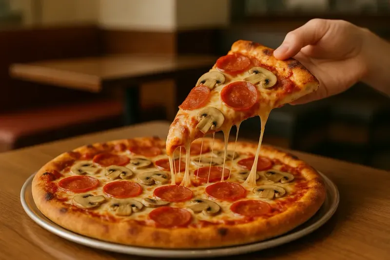 Enjoying pizza at Amirs Pizza