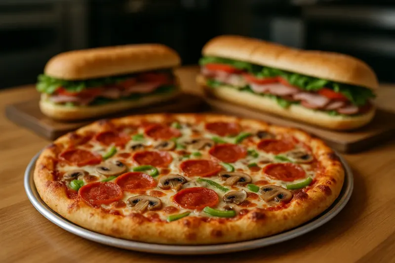 Delicious pizza and sandwiches